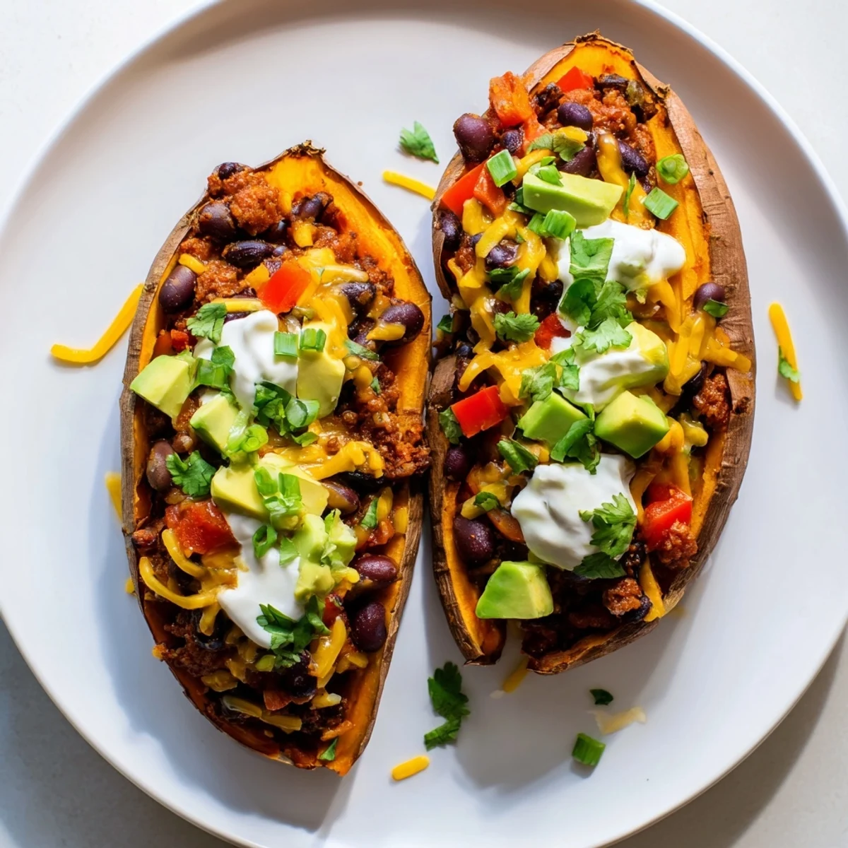 Steaming Savory Baked Sweet Potato Chili Boats overflowing with chili and topped with fresh cilantro.