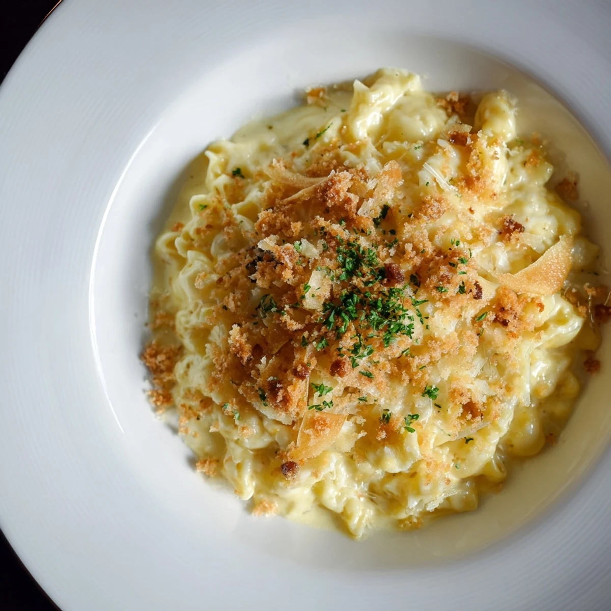 Enjoy a close-up of sheet pan mac and cheese, topped with crispy bacon and herbs, ready to serve.