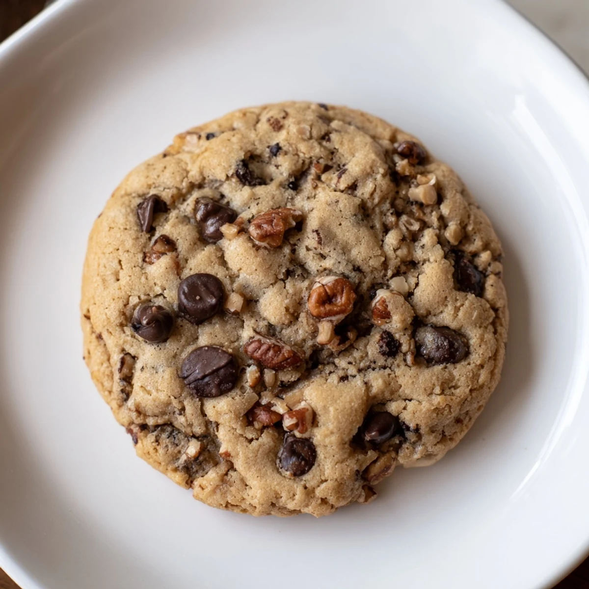 Golden, gooey chewy protein chocolate chip cookies, fresh from the oven, offering a delicious treat.