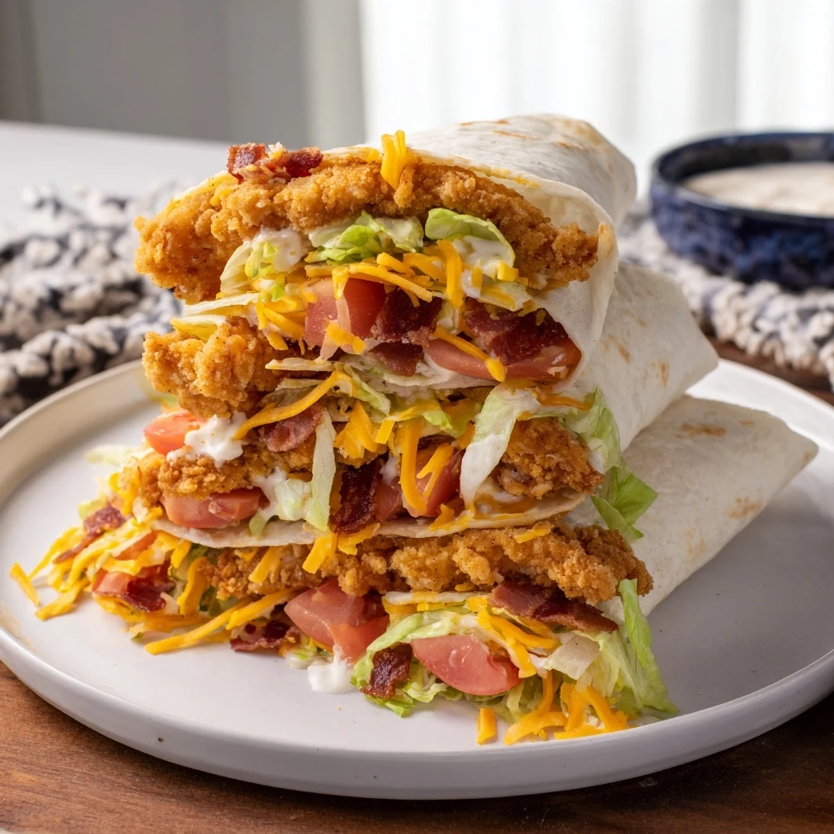 Golden-brown crispy chicken bacon ranch wrap, filled with fresh veggies and melty cheese, perfect for lunch.