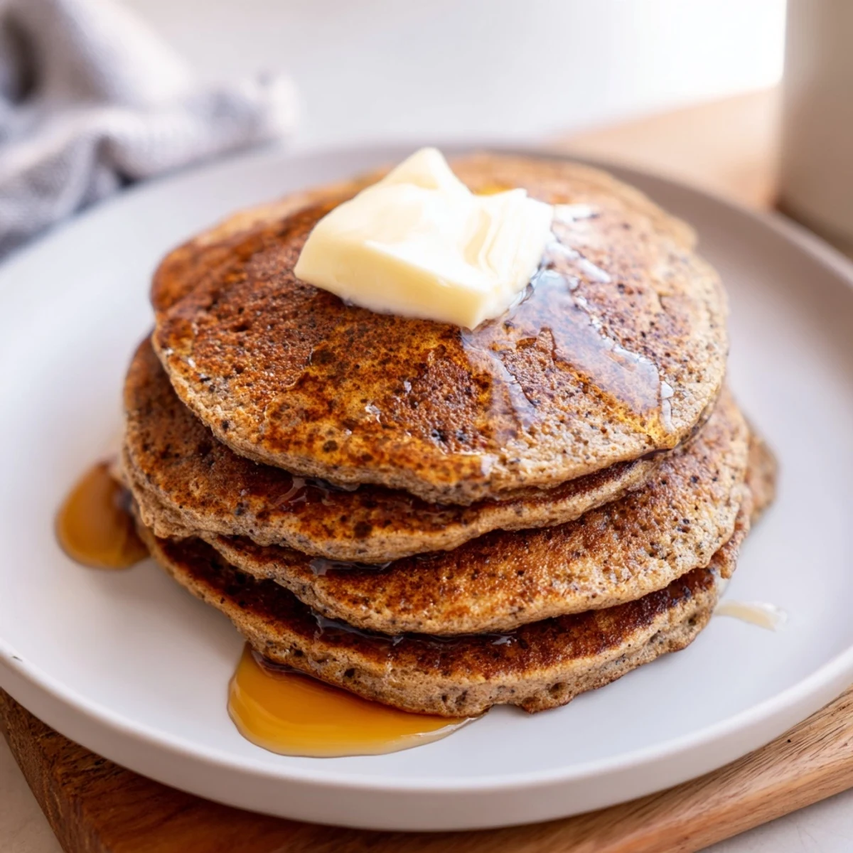 Stack of freshly cooked Gingerbread Pancakes, showing appealing texture and brown color, ready to eat.