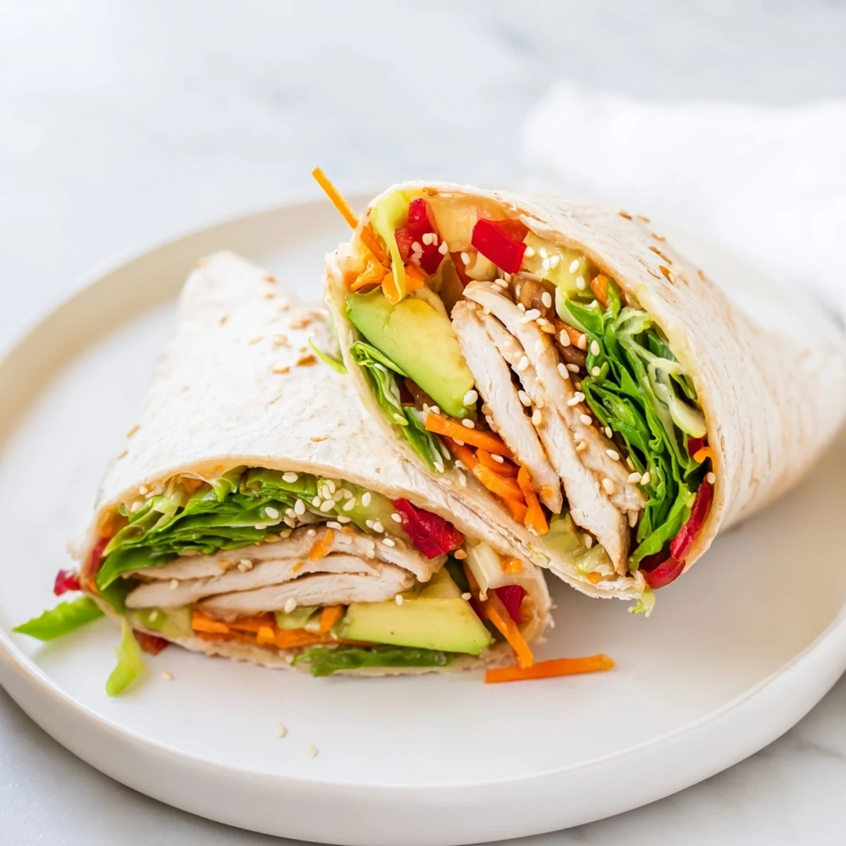 Tender slices of teriyaki chicken wrap, bursting with fresh vegetables, ready to enjoy.