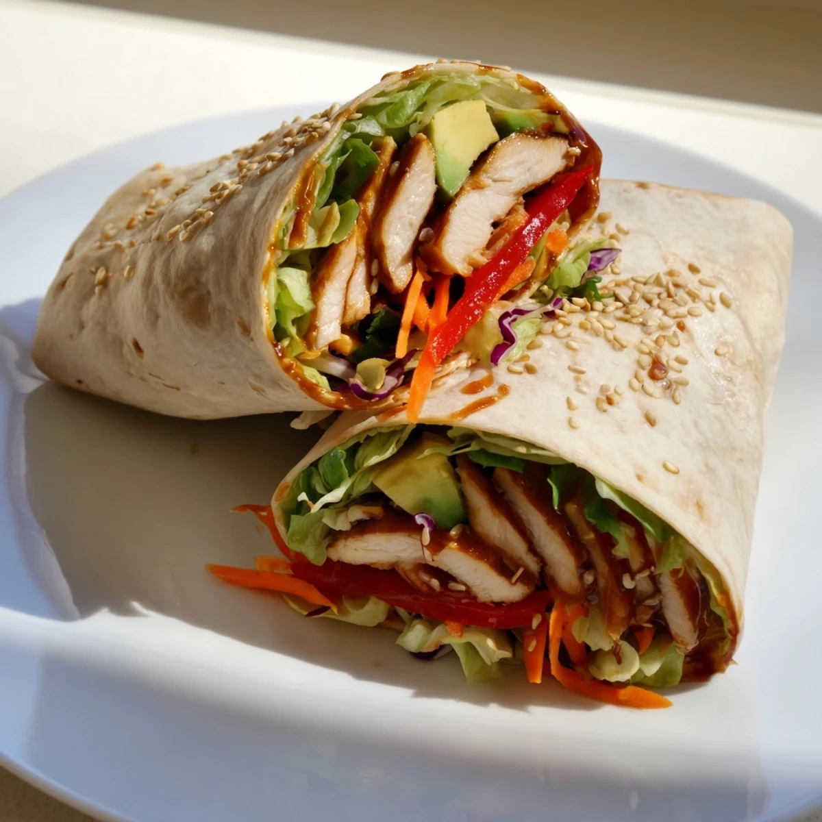 A close-up shot of a flavorful teriyaki chicken wrap, perfectly rolled and ready to eat.