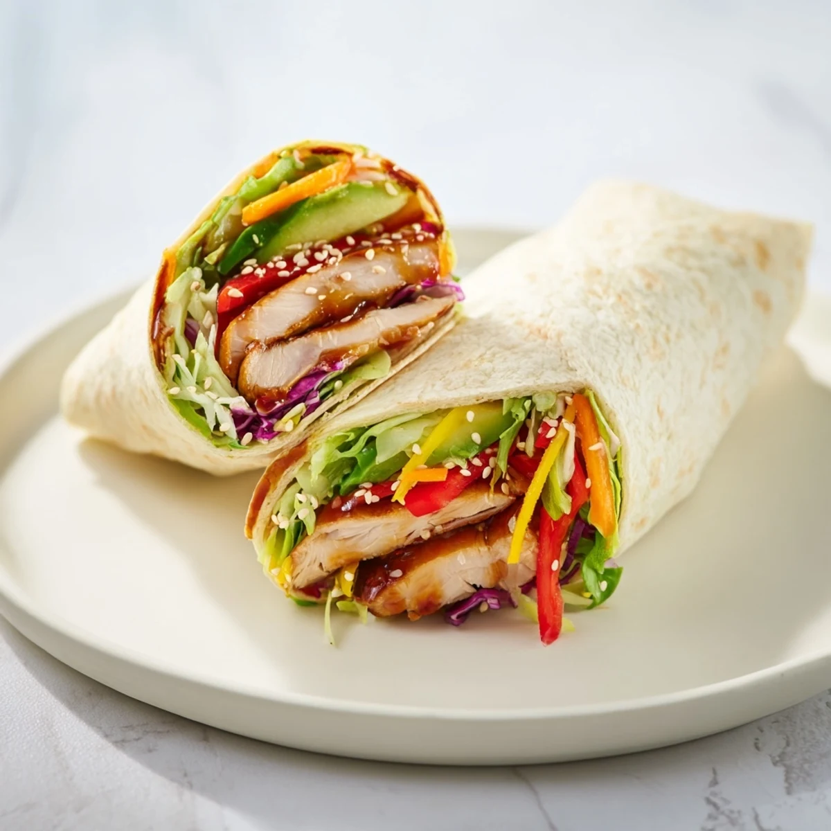 Delicious teriyaki chicken wrap with colorful fillings, ideal for a quick and satisfying lunch.