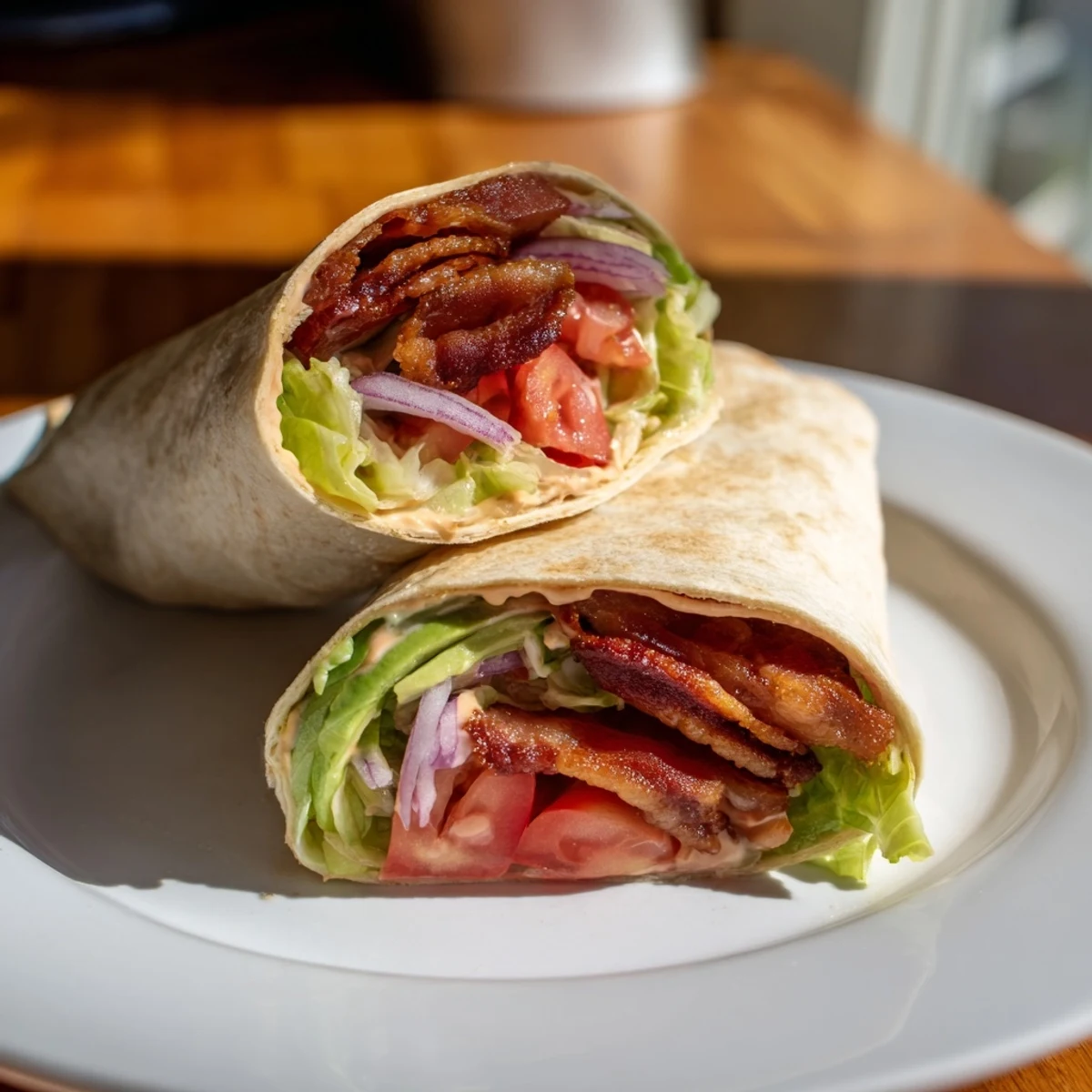 A fresh Zesty BLT Wrap overflowing with crispy bacon, juicy tomatoes, and smoky chipotle mayo.