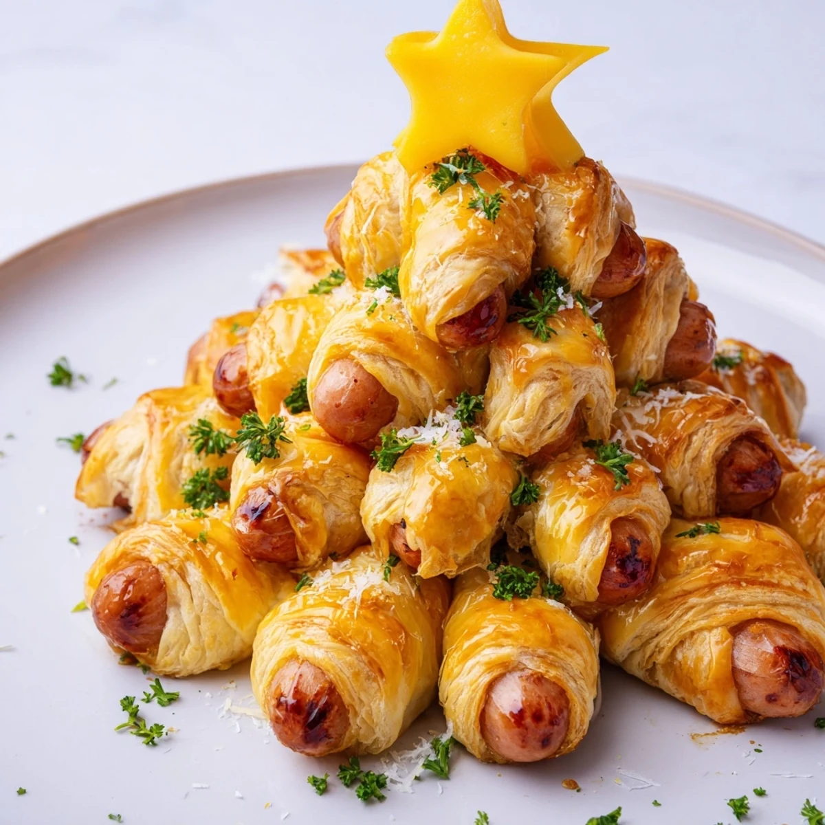 Golden-baked Express Pigs in Blanket Christmas Tree arranged invitingly for a festive appetizer, ready to serve.