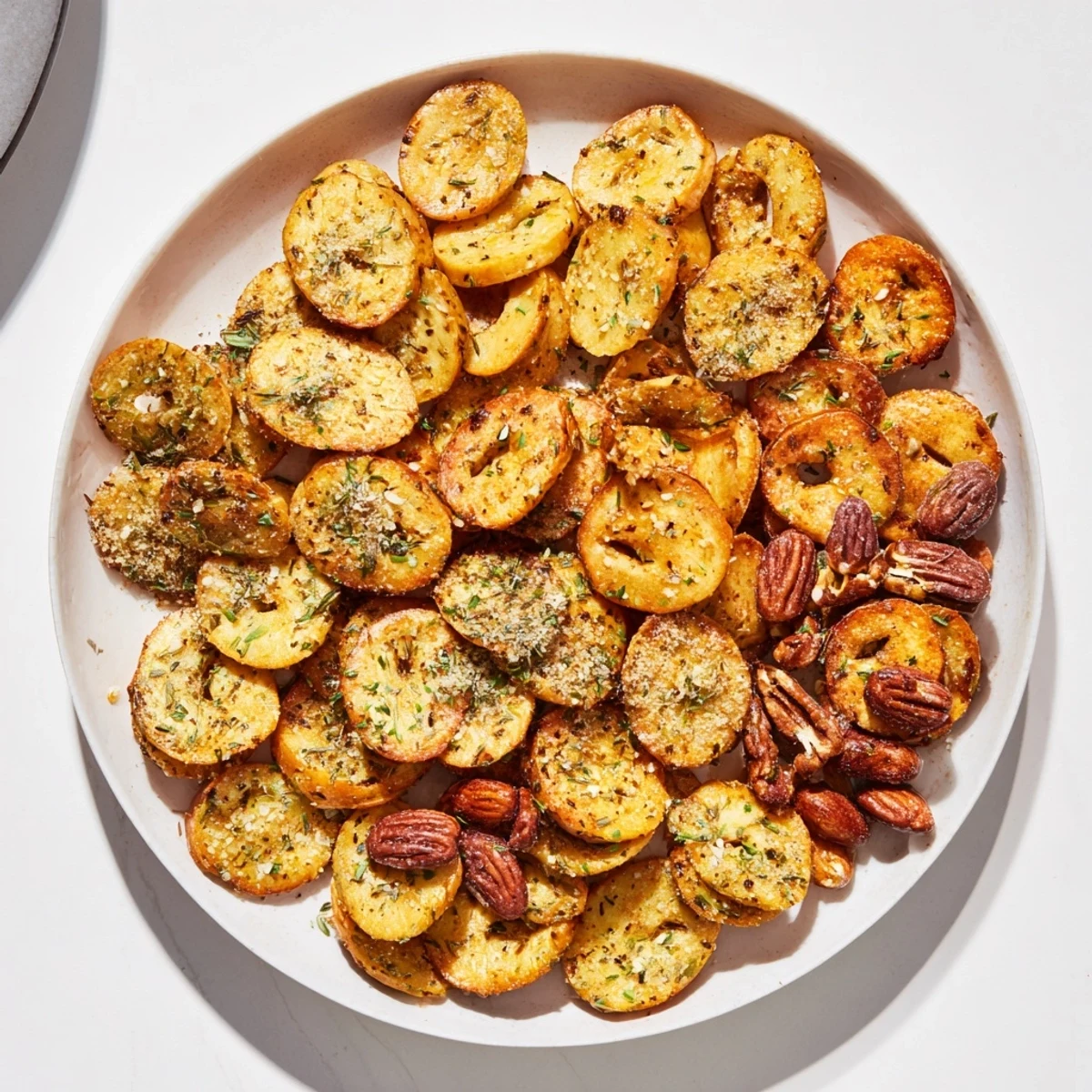 An overhead shot displays the perfectly toasted Air Fryer Bagel Chip Christmas Mix, ready for holiday snacking.
