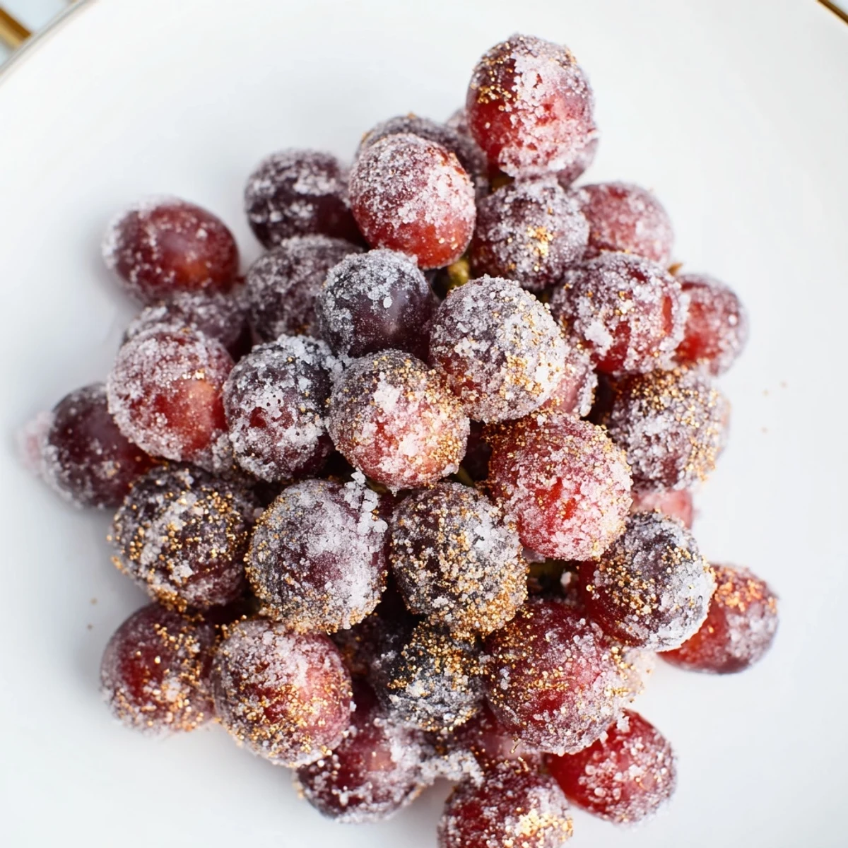 Frozen grape treats glistening with sugar crystals, perfect for a refreshing, sweet snack any time.