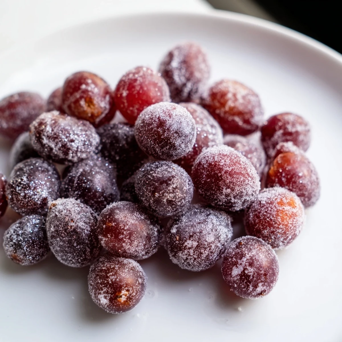 Close-up of frozen grape treats: red and green grapes coated in sweetness, ready to eat.