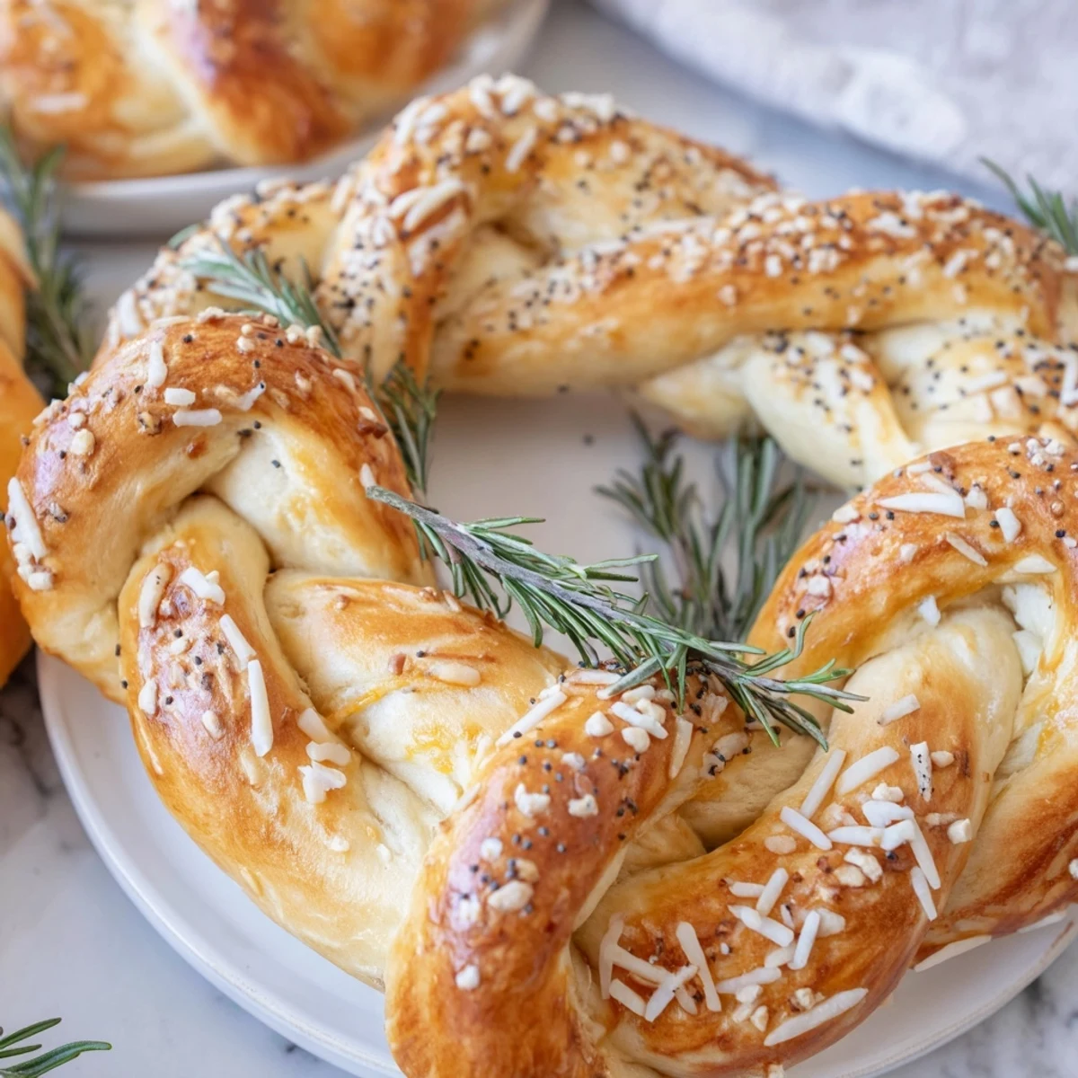 Warm, golden-brown Budget Holiday Pretzel Wreath, beautifully shaped on a baking sheet, ready to bake.