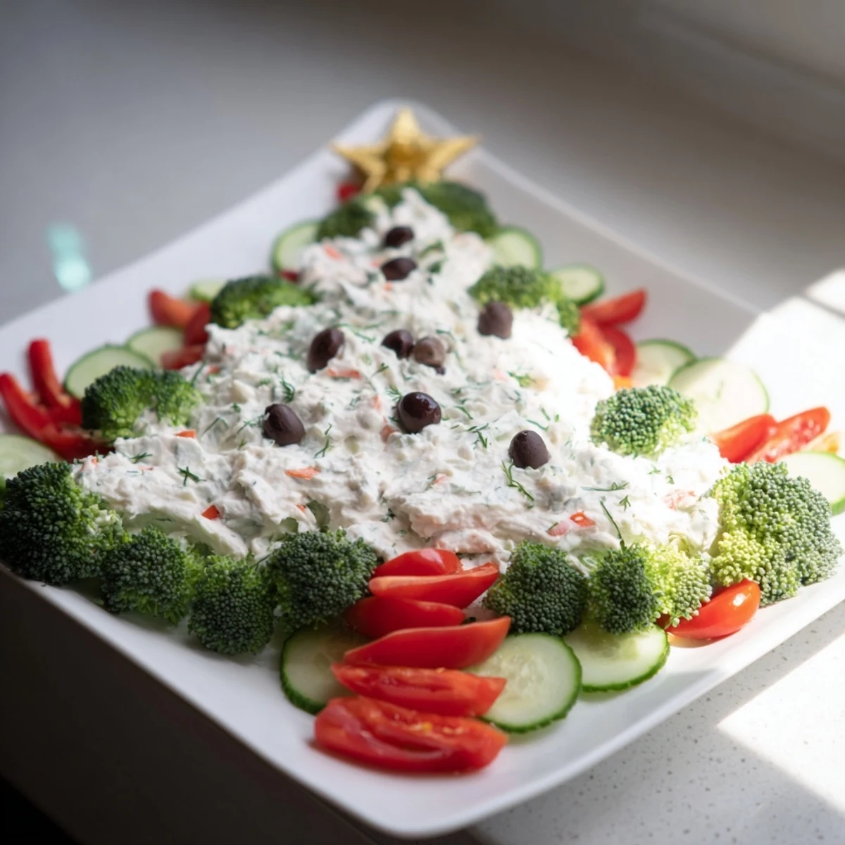 Festive Simplified Christmas Tree Dip arranged on a platter, ready to be enjoyed with crackers.