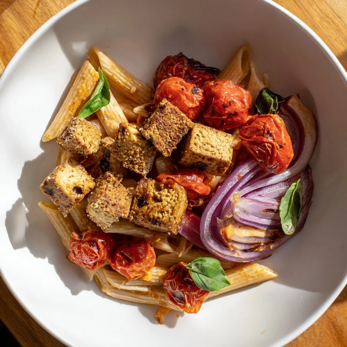 Golden-brown vegan baked tofu feta pasta with roasted tomatoes and fresh basil, ready to serve.
