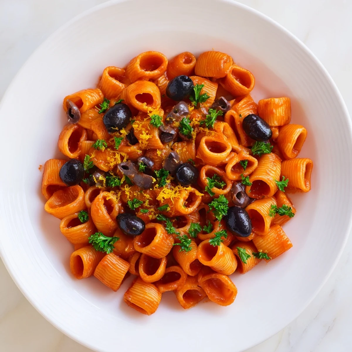 A delicious bowl of puttanesca ditalini pasta, showcasing the depth of flavor in every bite of Italian comfort food.