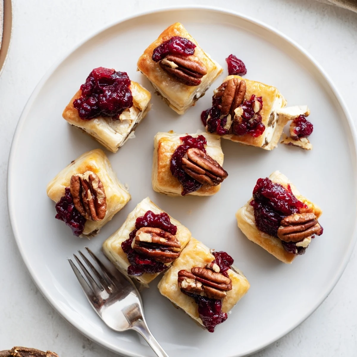 Warm Express Cranberry Sauce Brie Bites with sweet cranberry topping and flaky pastry, a delicious holiday appetizer.