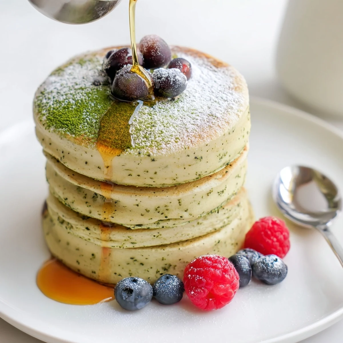 Stack of golden, pillowy Egg White Gingerbread Matcha Soufflé Pancakes, a perfect brunch with vibrant green matcha swirl.