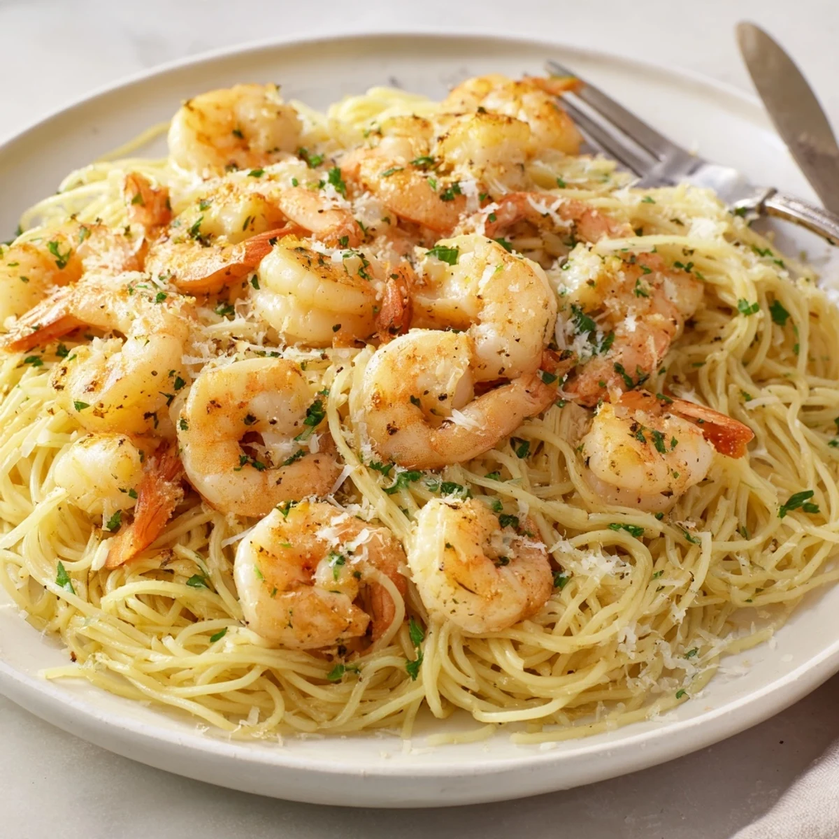 One-skillet lemon garlic shrimp angel hair pasta, a bright dish with perfectly cooked shrimp and delicate pasta.