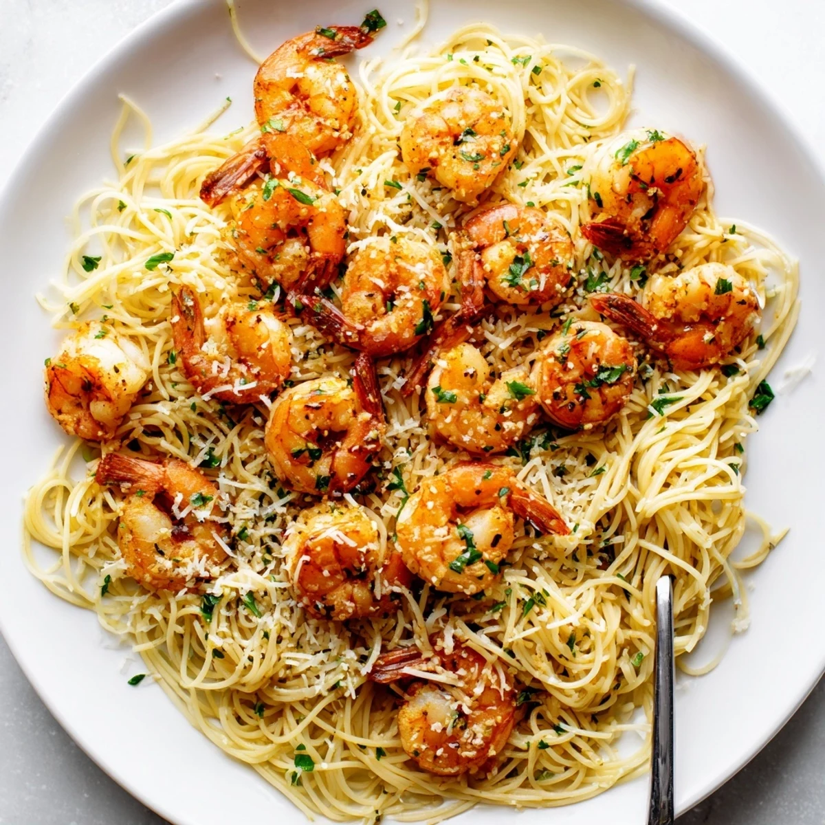 This one-skillet lemon garlic shrimp angel hair pasta features tender shrimp, perfectly coated in a creamy sauce.
