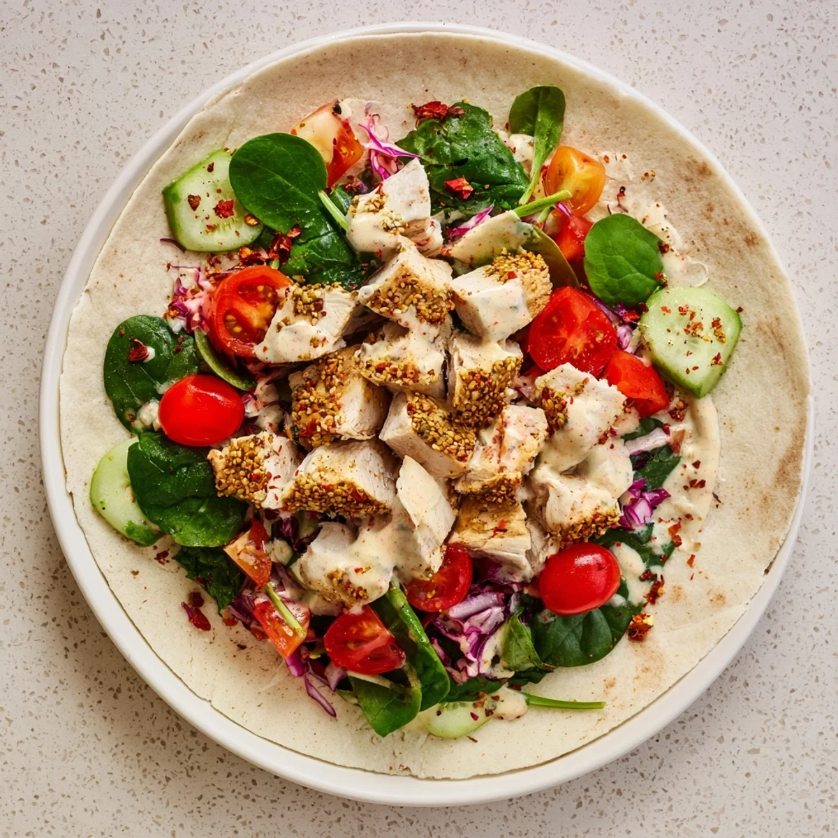 Tender Greek Yogurt Chicken Shawarma Christmas Wrap, a colorful and flavorful holiday meal, ready to enjoy.