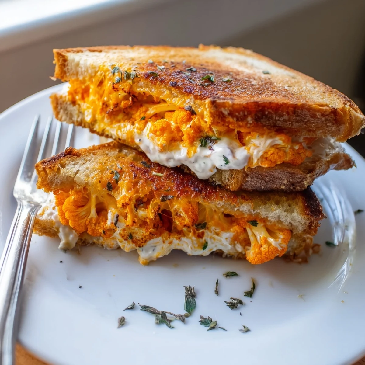 Buffalo cauliflower ranch grilled cheese, gooey and cheesy, served with golden-brown, toasted bread slices.