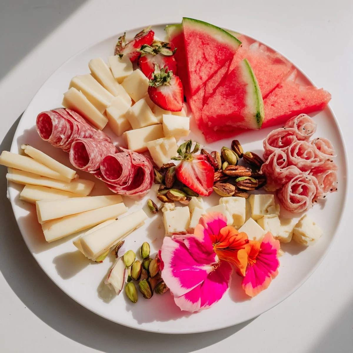 A beautiful Flamingo Paradise Board overflowing with colorful fresh fruits and delicious cheeses.