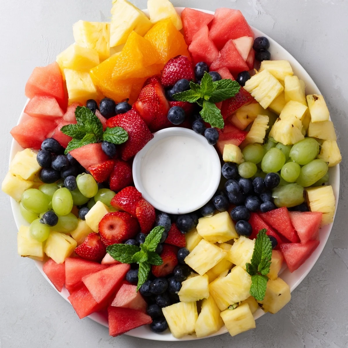 A colorful Beach Ball Fruit Platter with juicy strawberries, pineapple, and other fresh fruits is ready to enjoy.