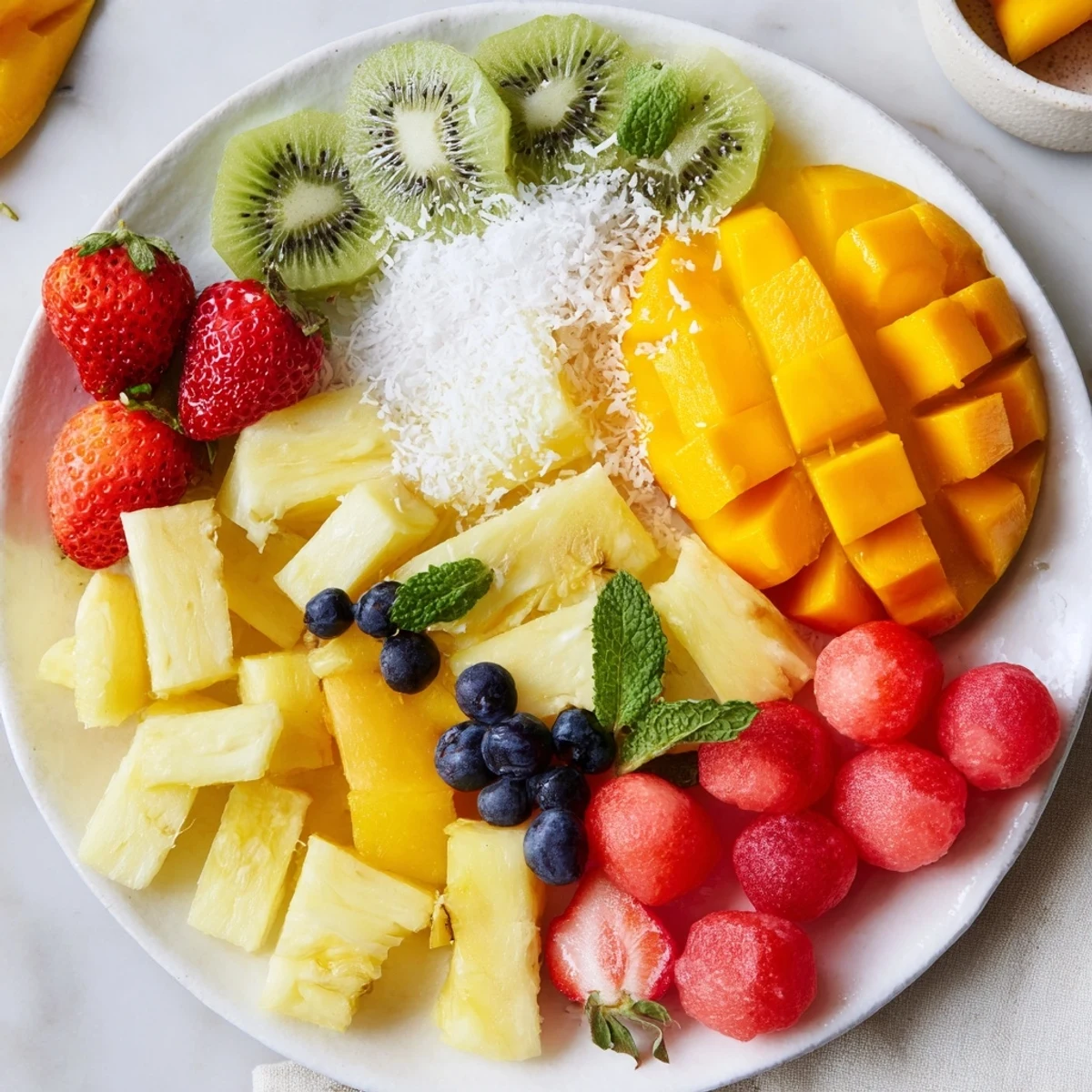 Juicy pineapple stars in this tropical platter, alongside vibrant fruits ready to serve.