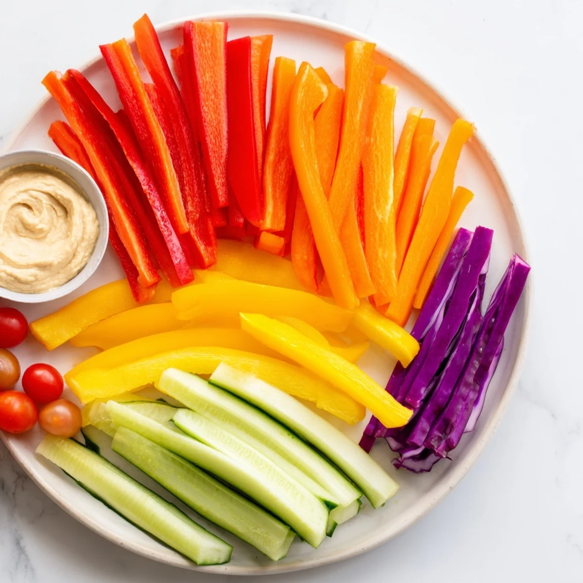 A rainbow array of Rainbow Arch Bright Veggie Sticks, perfect for dipping and easy party snacking.