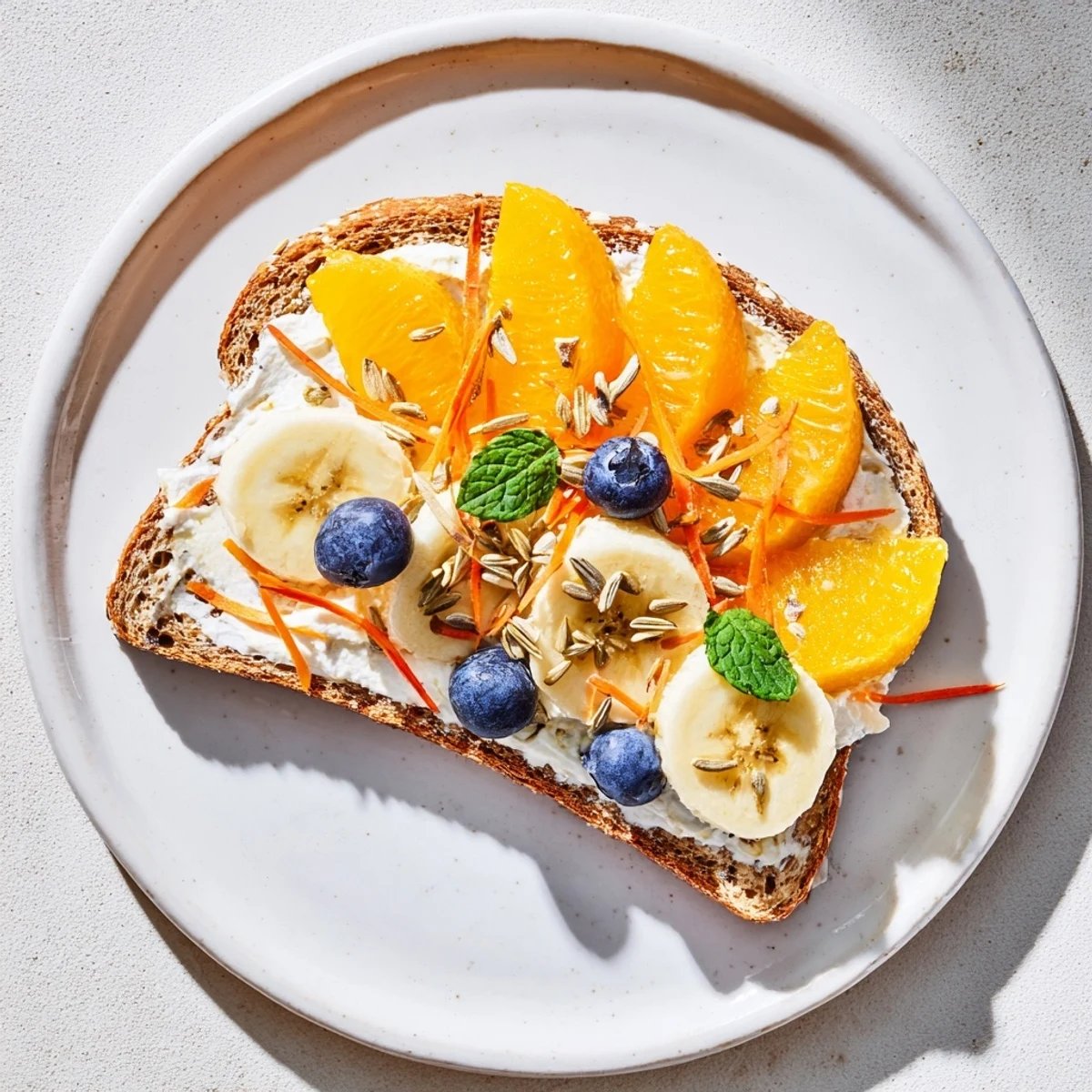 Morning Sun Breakfast Toast featuring colorful fruits arranged to depict a sunny, cheerful design.