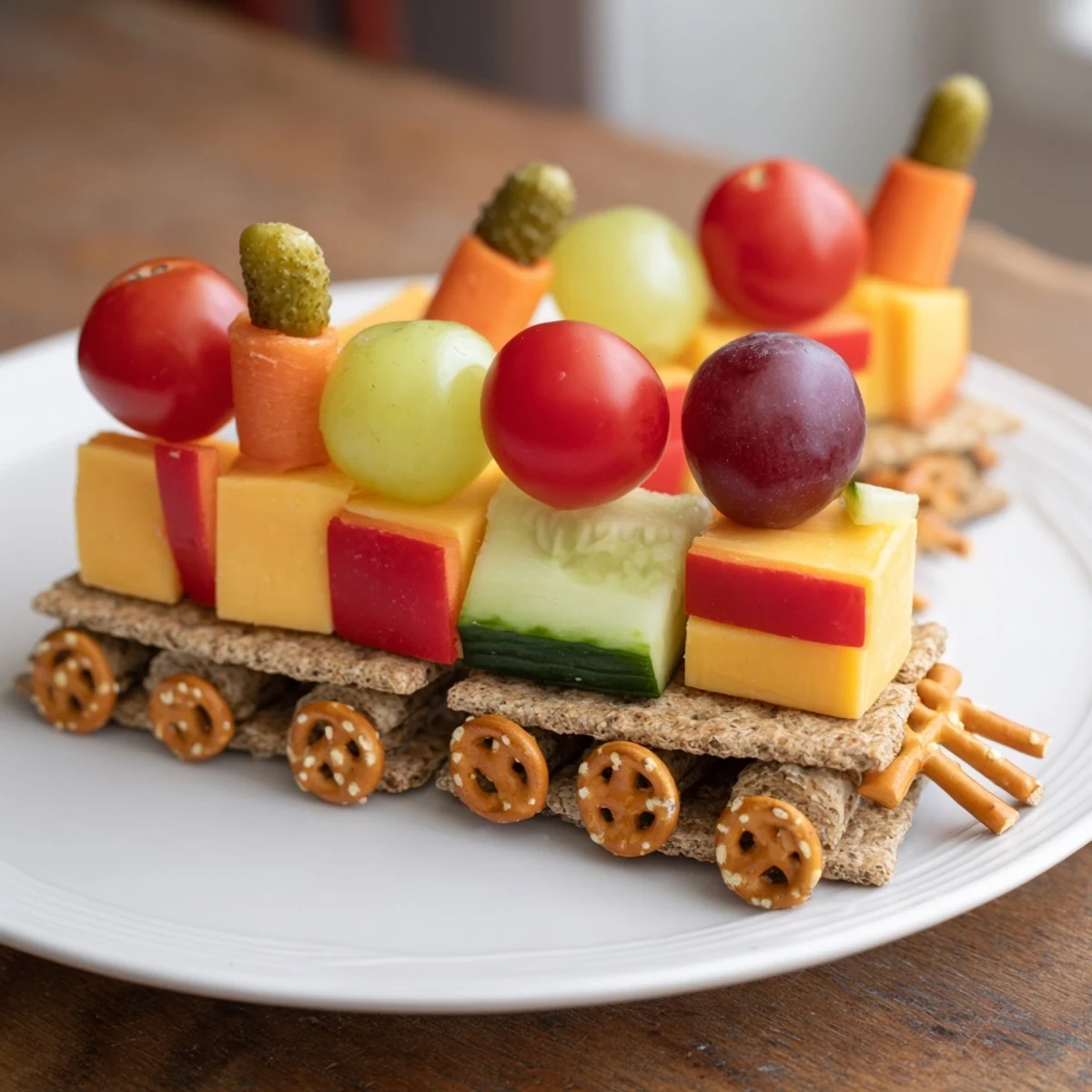 A colorful Choo Choo Train Snack Track features cheese cubes, veggies, and fruit arranged as edible train cars.