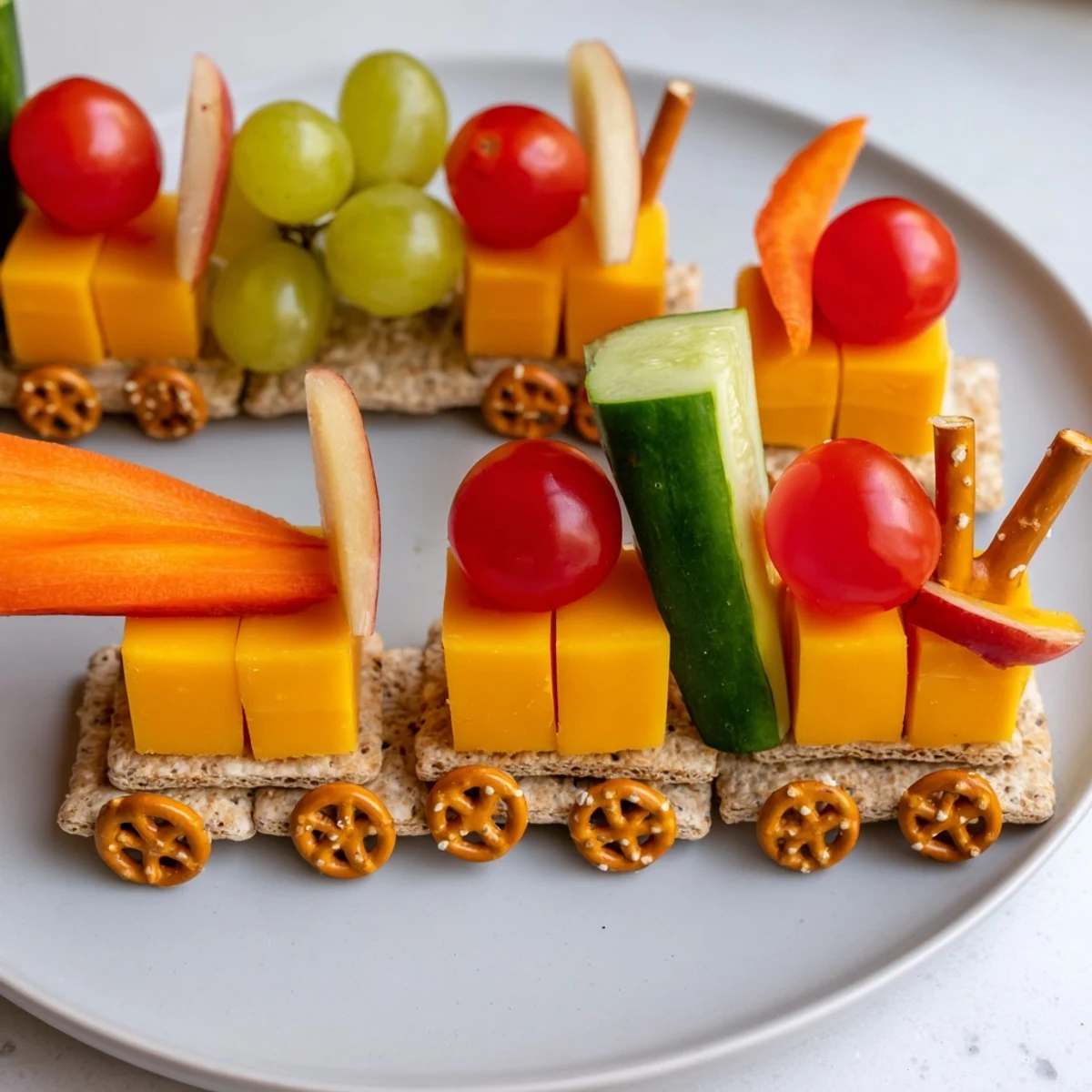Bright and fun, this Choo Choo Train Snack Track showcases a healthy and playful kids' snack platter.