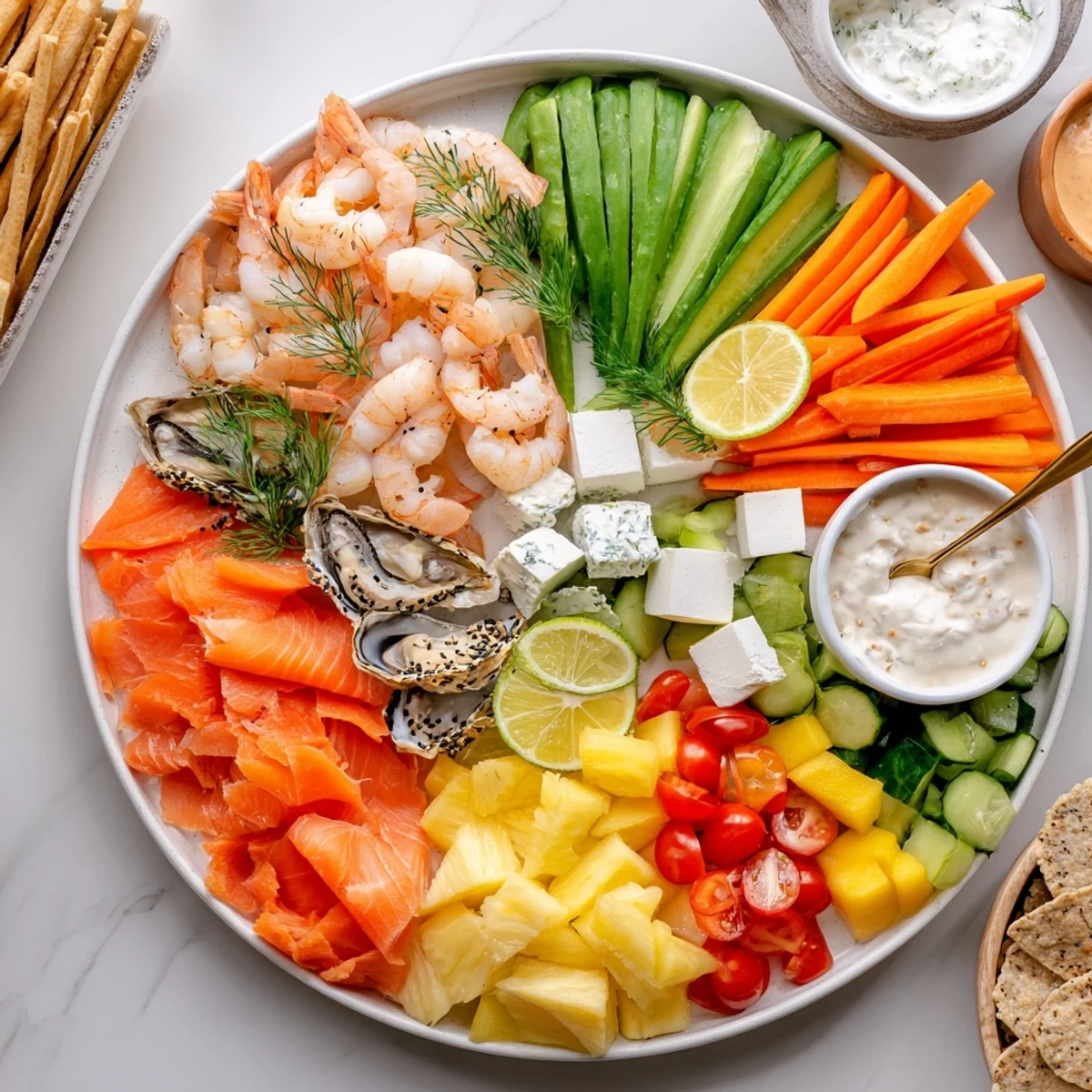 Close-up of a delightful Wave Rider Surfer Snack Board, displaying seafood, cheeses, and crunchy snacks ready to enjoy.
