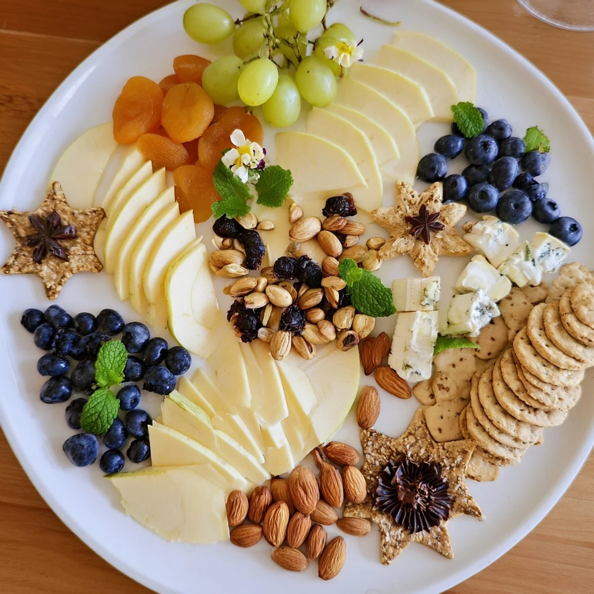 Imagine delicious brie, cheddar, and fruit on this beautiful Crescent Moon Midnight Snack Board for a vegetarian treat.