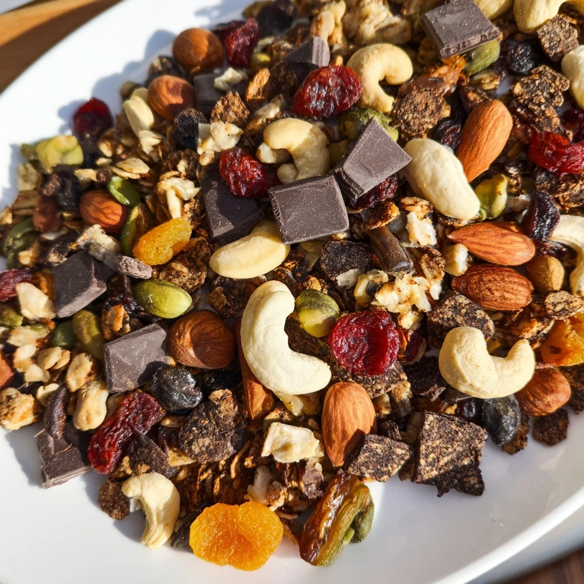 Delectable Mountain High Adventure Snack Mix with granola, nuts, and chocolate—perfect for the outdoors.