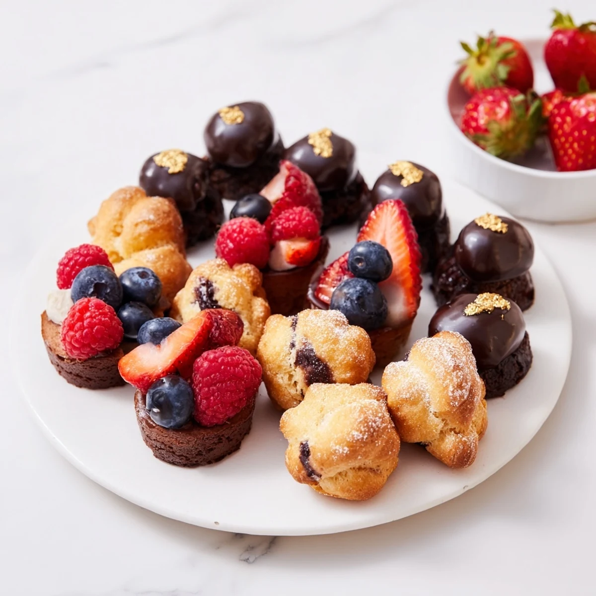 View a close-up of the delicious Piste de Train Mignardises, including chocolate ganache filled choux puffs and fruit tarts.