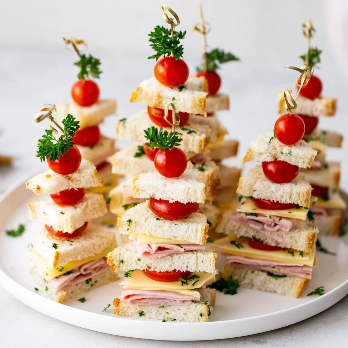 Mini Ham and Cheese Christmas Tree sandwiches, festive and fun, with red tomato tops ready for serving.