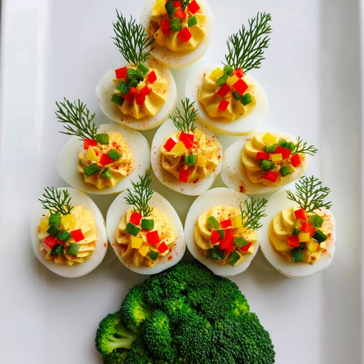Beautiful Christmas Tree Deviled Eggs, creamy filling topped with colorful bell peppers.