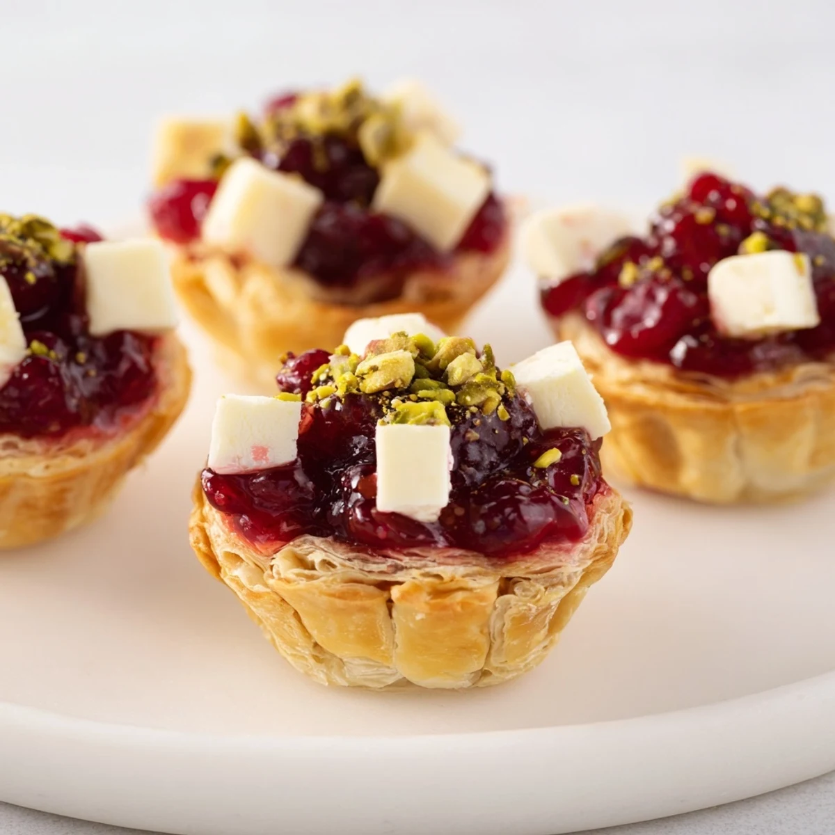 Golden, puffed Mini Cranberry Brie Tart Wreath with melting cheese, inviting all for a taste.