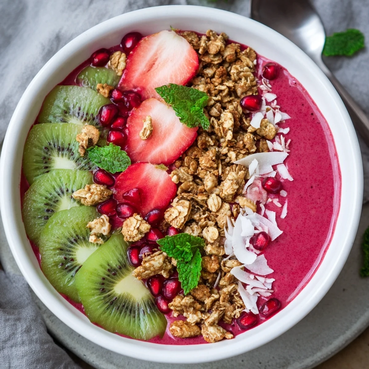 Vibrant Festive Red and Green Smoothie Bowls, layered with colorful fruits and crunchy granola, ready to eat.