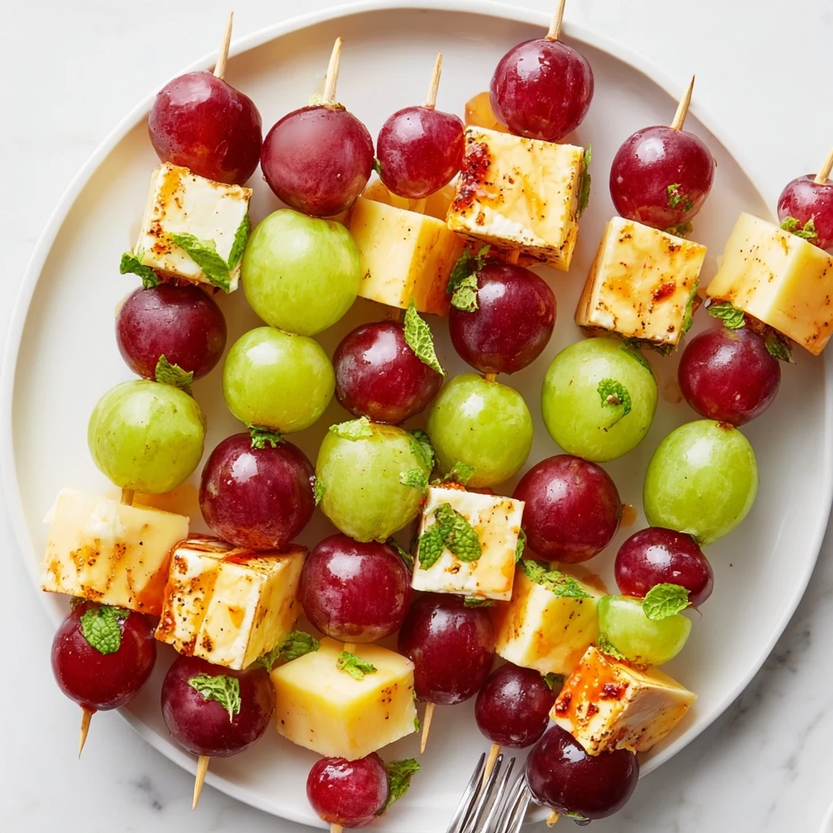 Sparkling Grape and Cheese Skewers arranged on a platter ready to be drizzled with honey, an elegant bite.