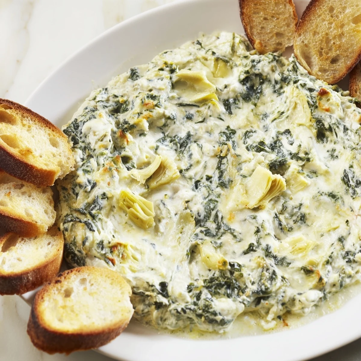 Close-up of creamy Spinach Artichoke Dip, served hot, next to crispy baked baguette rounds.