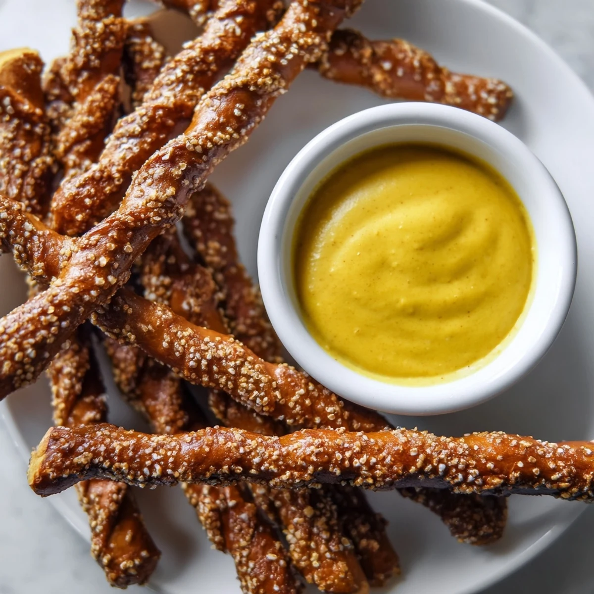 Close-up of pretzel rods arranged with a bowl of homemade hot mustard, ideal for a party spread.