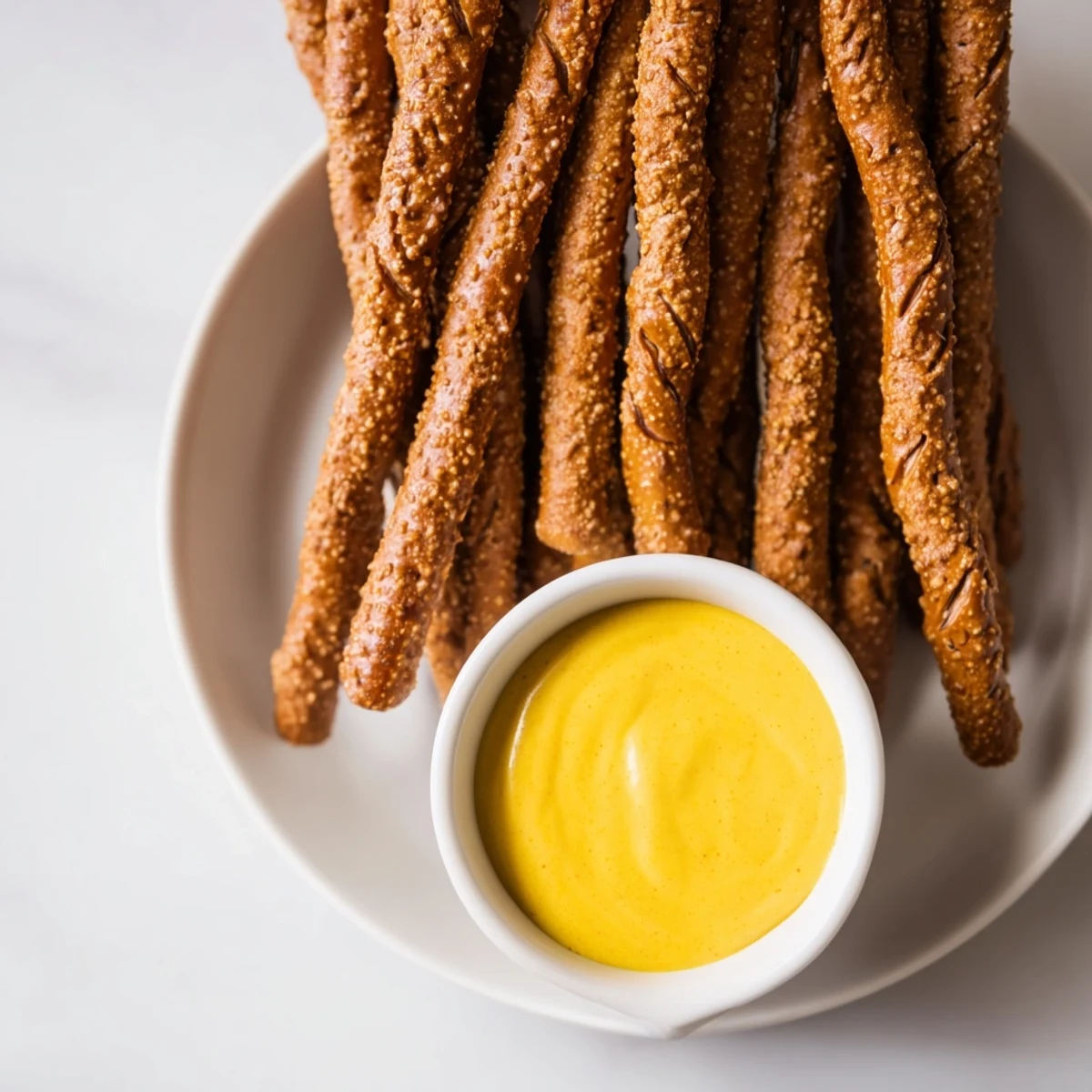 Crispy pretzel rods and a creamy, spicy hot mustard dip, a crowd-pleasing appetizer perfect for any occasion.
