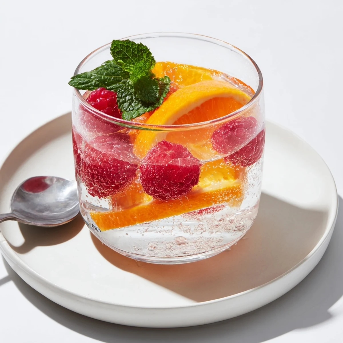 Effervescent close-up of Sparkling Juice with Raspberries, showcasing fresh berries and chilled bubbles.