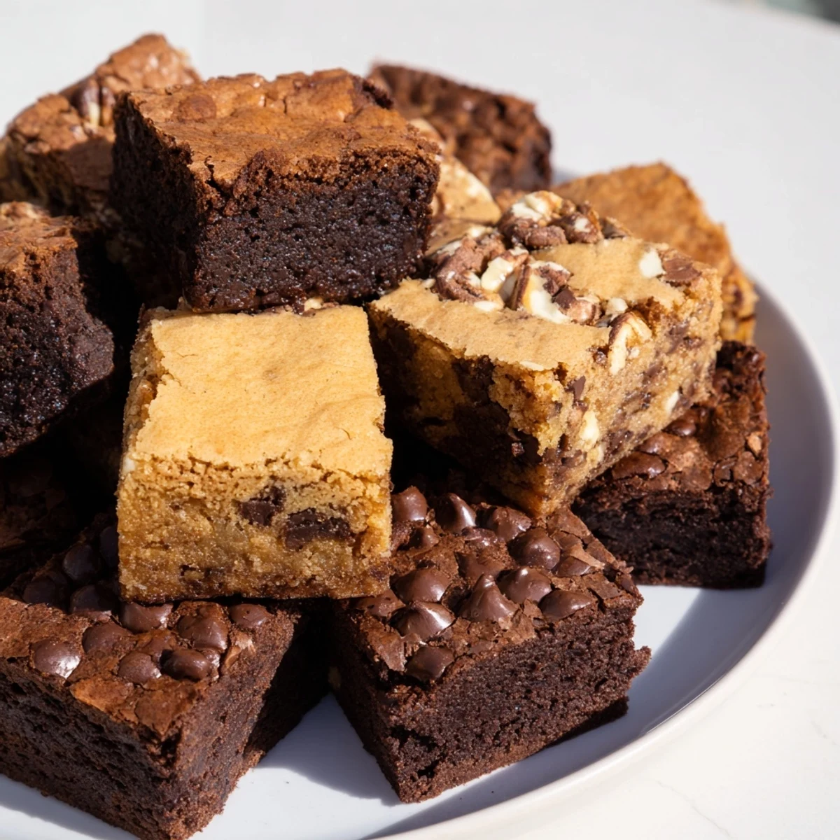 A delicious dessert platter with assorted brownie and blondie squares, tempting and sweet.