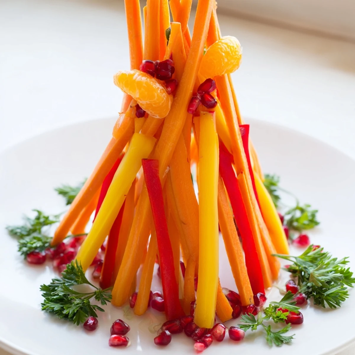 A vibrant Bonfire Warmth Centerpiece with layered orange, red, and yellow bell peppers and carrots.