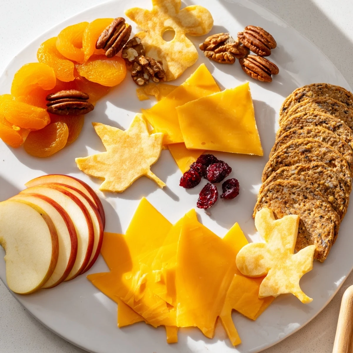 A close-up of a festive Thanksgiving Leaf Fall board with colorful cheese and cracker leaves ready.