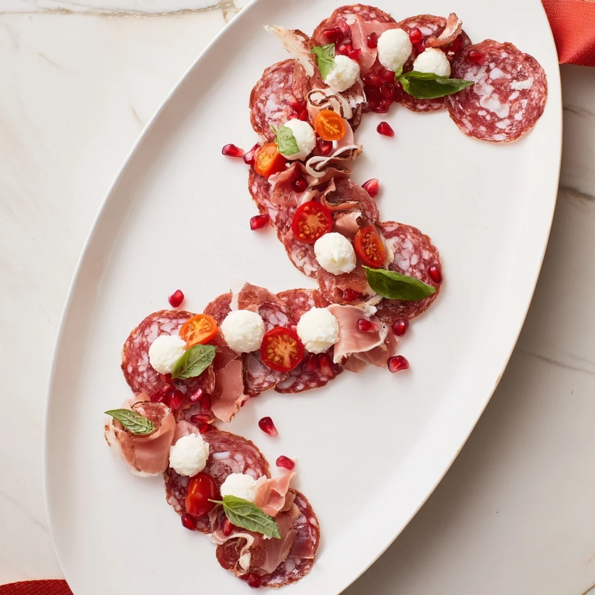 Festive holiday charcuterie board, the Candy Cane Zigzag, artfully arranged with salami and mozzarella.