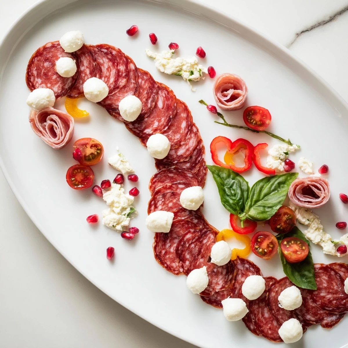 Vibrant photo shows the Candy Cane Zigzag, a beautiful holiday charcuterie arrangement with red and white.