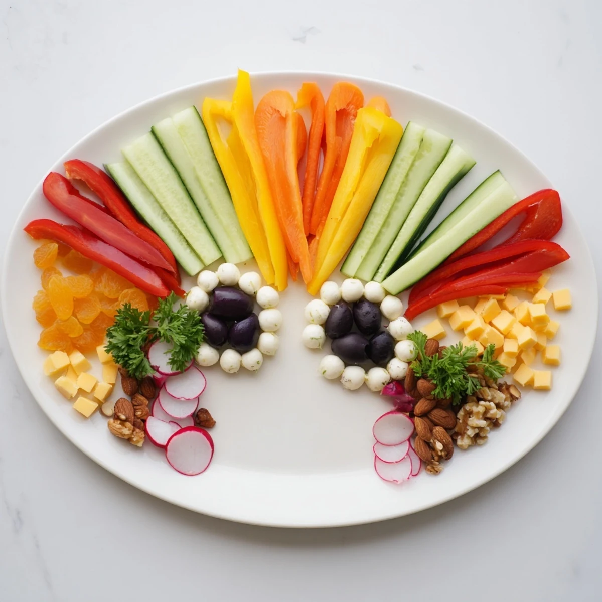 A party-ready Masquerade Mask, an artful veggie and cheese appetizer platter, perfect for any celebration.