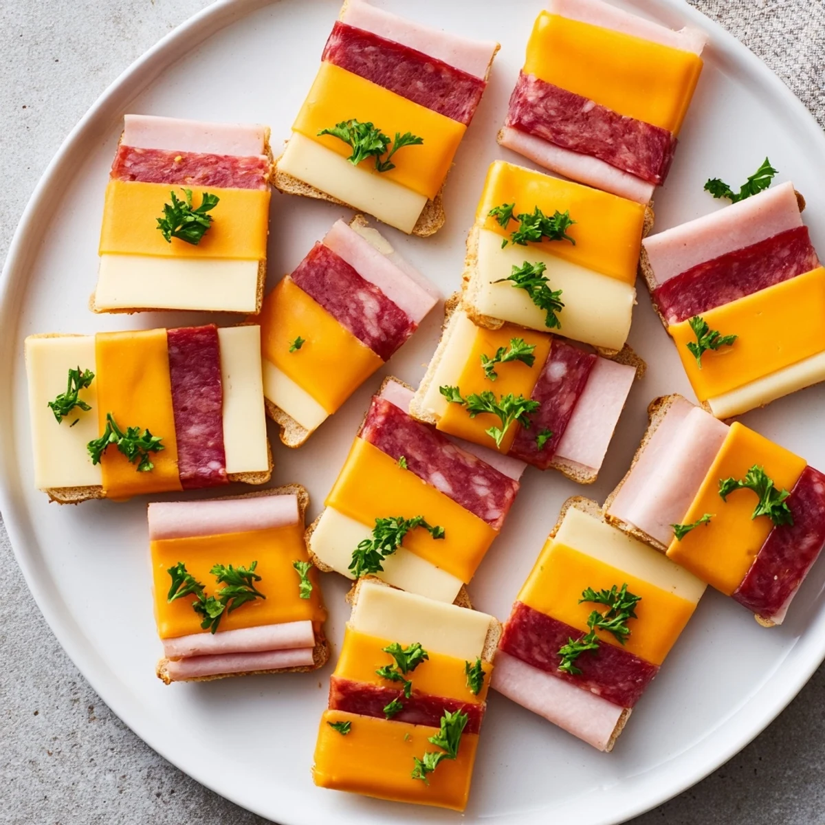 This colorful "Patchwork Quilt" recipe features beautifully arranged meats and cheeses on a platter.